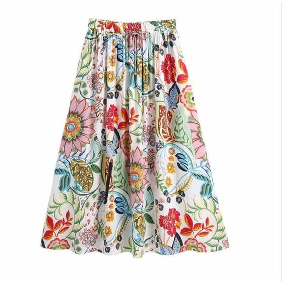 Shein Floral Print Midi Skirt Womens M Red White High Rise Elastic Waist Boho - Picture 1 of 8